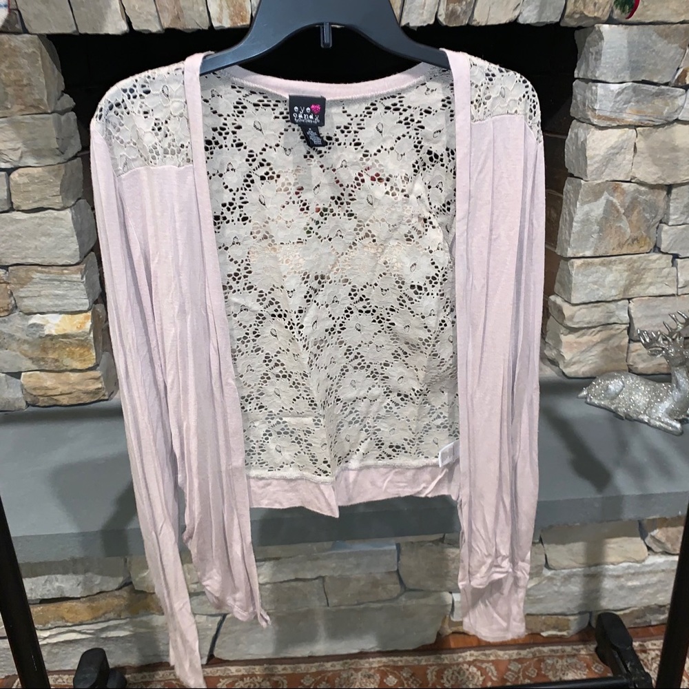 Eye Candy Lacey Back. Pink/ Ecru Colored Cardigan